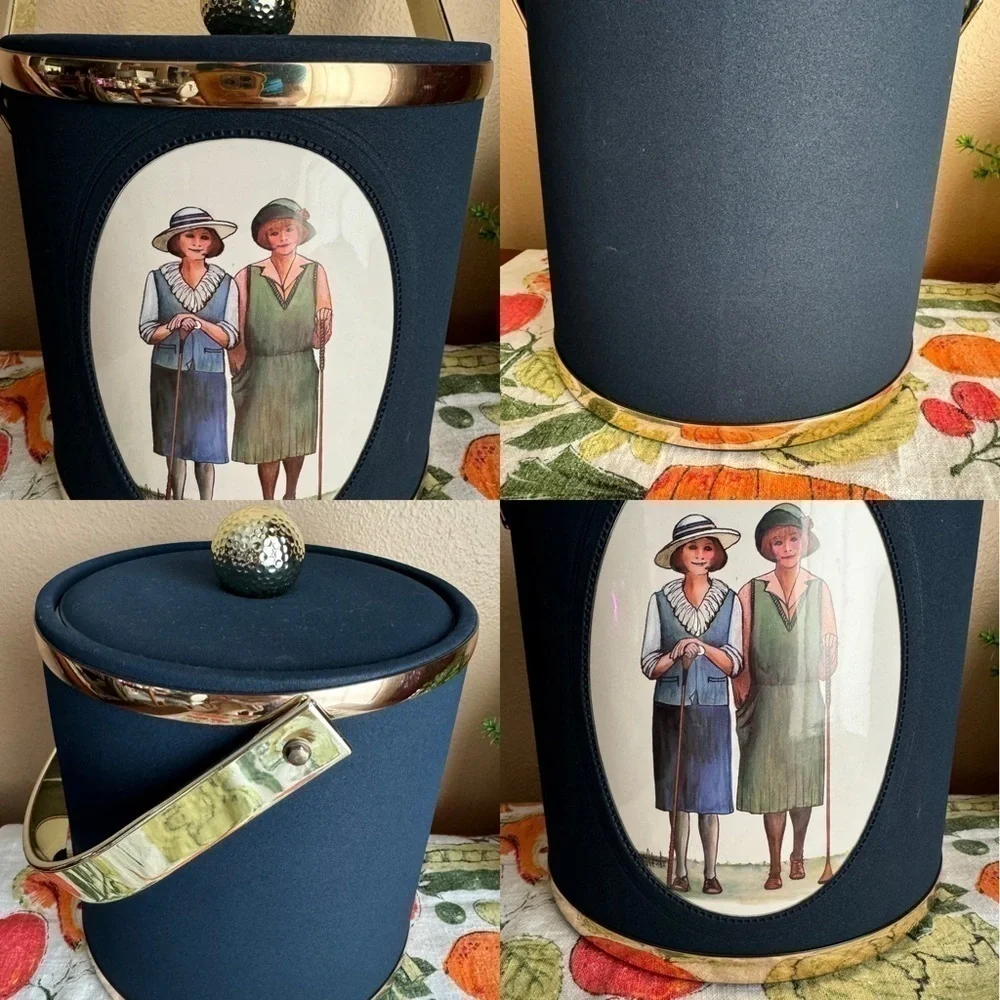 Vintage style lady golfer navy ice bucket with lid
